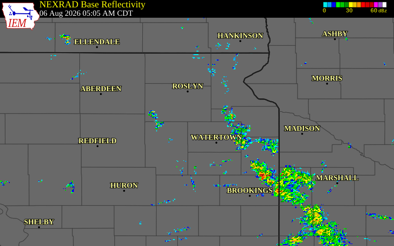 NEXRAD radar during the Thursday, August 6, 2026 storm activity in Codington County, South Dakota