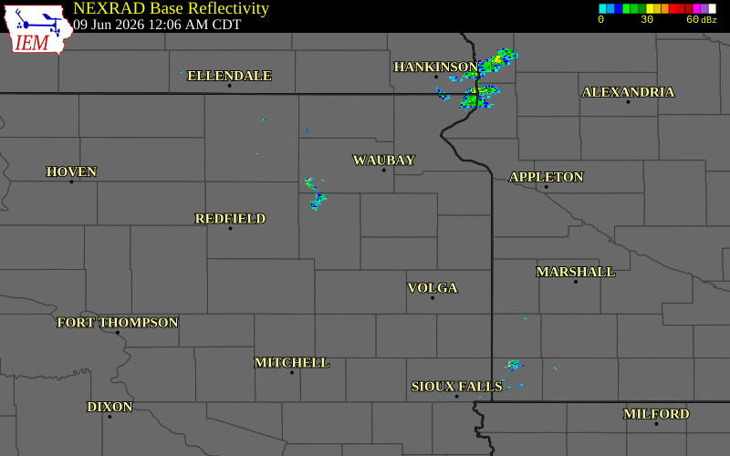 Radar snapshot during the Jun 9, 2026 tornado event near Henry, Codington County, South Dakota, with NWS warning polygons