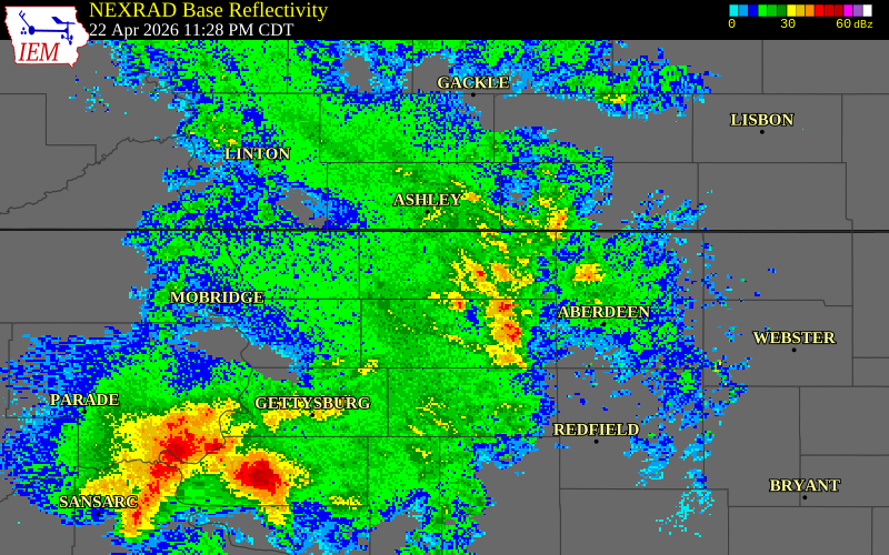 NEXRAD radar during the Wednesday, April 22, 2026 storm activity in Corson County, South Dakota