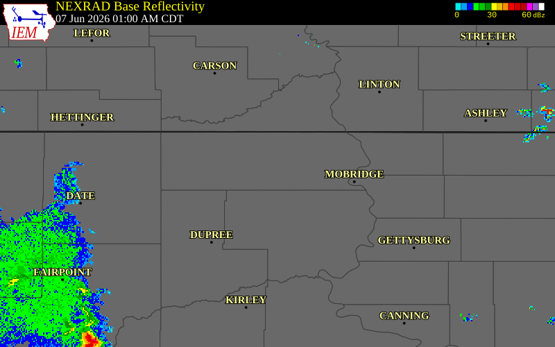 NEXRAD radar during the Sunday, June 7, 2026 storm activity in Corson County, South Dakota