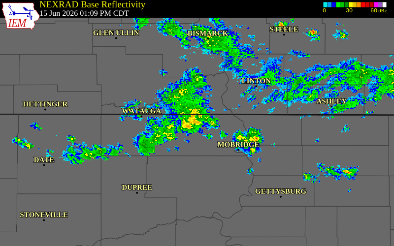 NEXRAD radar during the Monday, June 15, 2026 storm activity in Corson County, South Dakota