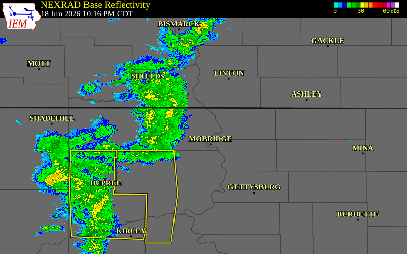 NEXRAD radar during the Thursday, June 18, 2026 storm activity in Corson County, South Dakota