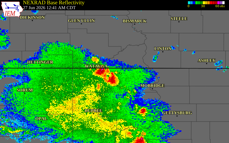 NEXRAD radar during the Saturday, June 27, 2026 storm activity in Corson County, South Dakota