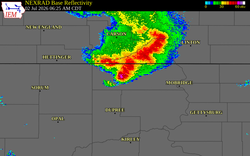 NEXRAD radar during the Thursday, July 2, 2026 storm activity in Corson County, South Dakota
