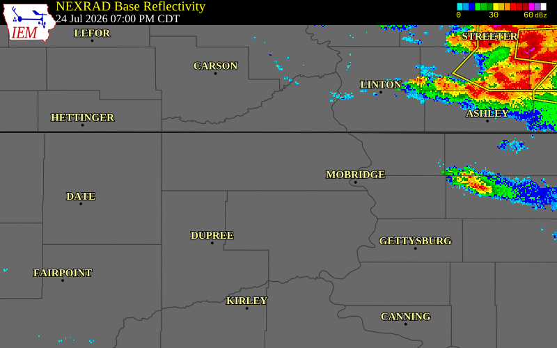 NEXRAD radar during the Friday, July 24, 2026 storm activity in Corson County, South Dakota