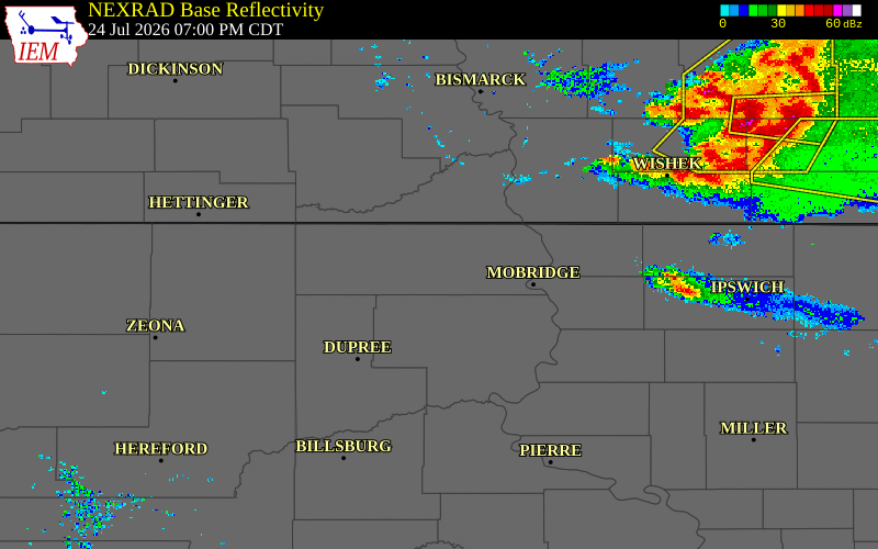 Radar snapshot during the Sep 14, 2025 tornado event near 8 NE Wakpala, Corson County, South Dakota, with NWS warning polygons