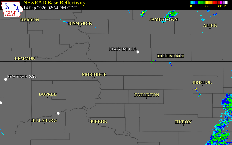 Current NEXRAD radar over Corson County, South Dakota with recent storm report locations