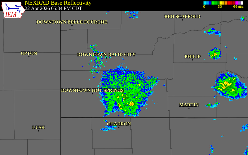 NEXRAD radar during the Wednesday, April 22, 2026 storm activity in Custer County, South Dakota