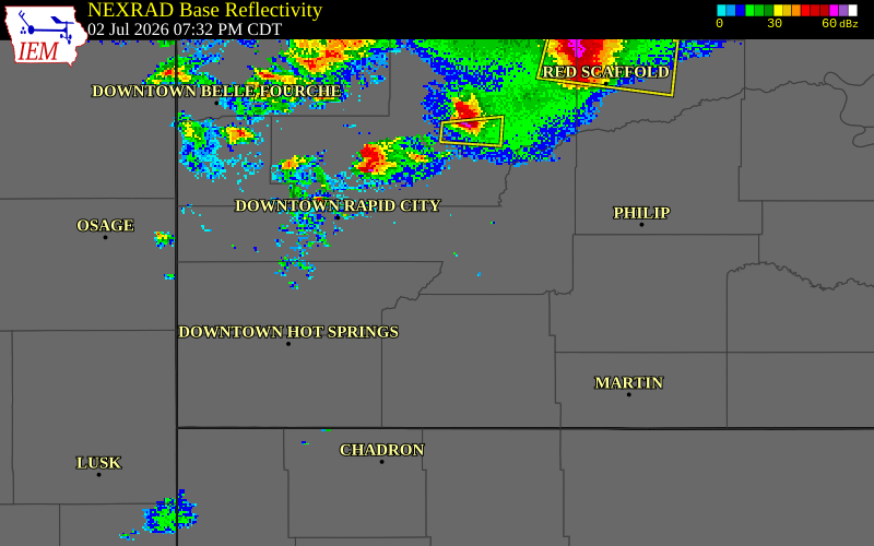 NEXRAD radar during the Thursday, July 2, 2026 storm activity in Custer County, South Dakota