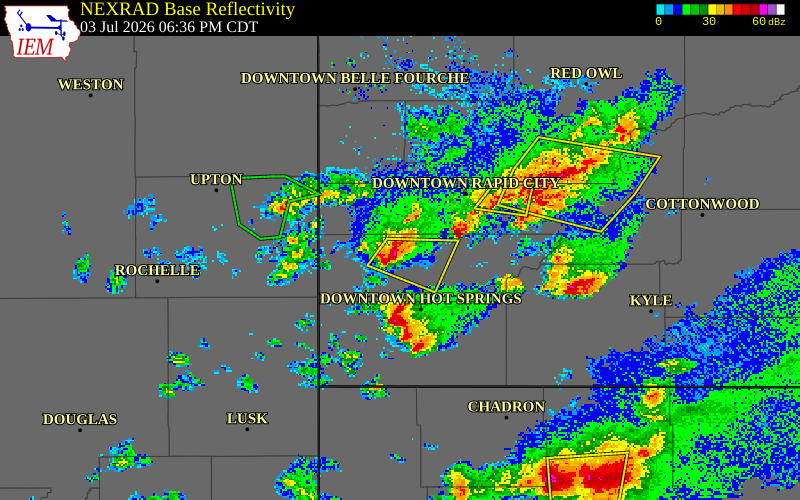 NEXRAD radar during the Friday, July 3, 2026 storm activity in Custer County, South Dakota