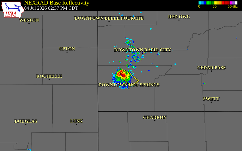 NEXRAD radar during the Saturday, July 4, 2026 storm activity in Custer County, South Dakota