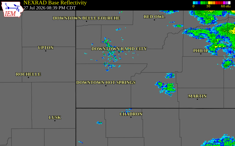 NEXRAD radar during the Monday, July 27, 2026 storm activity in Custer County, South Dakota