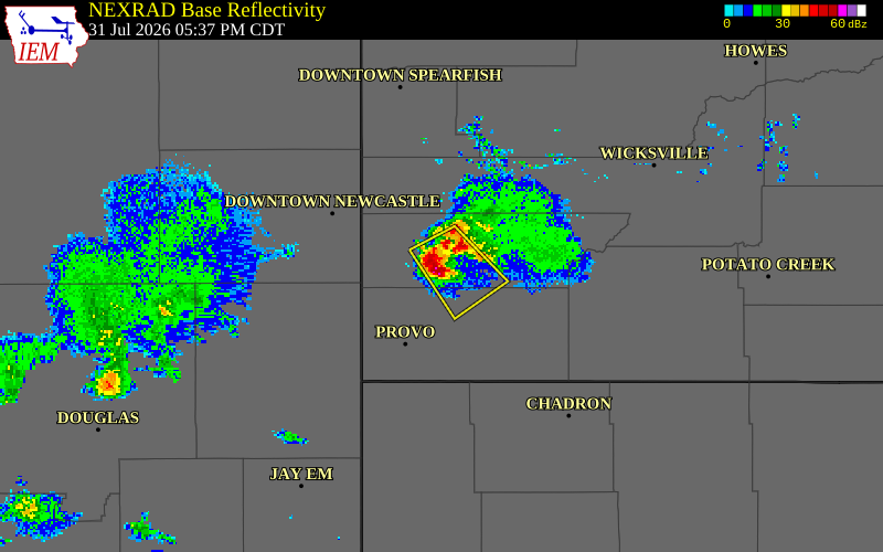 NEXRAD radar during the Friday, July 31, 2026 storm activity in Custer County, South Dakota