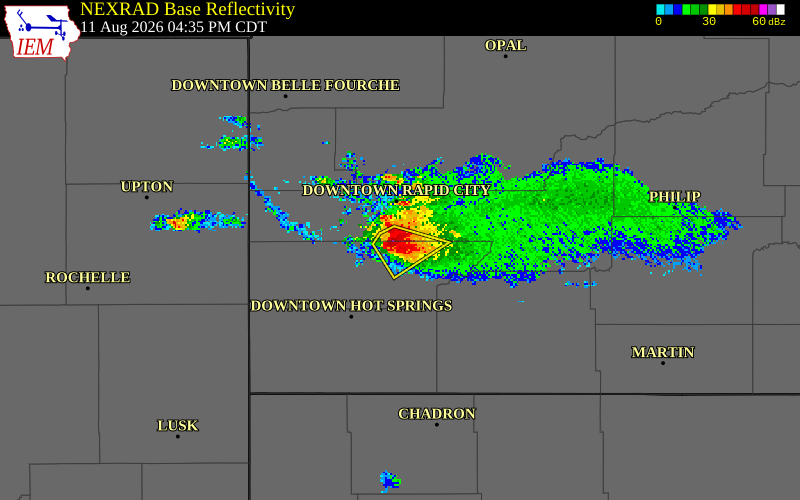 NEXRAD radar during the Tuesday, August 11, 2026 storm activity in Custer County, South Dakota
