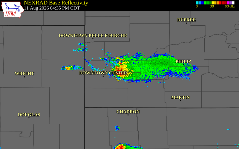 Radar snapshot during the Aug 11, 2026 hail event near 2 SSW Hermosa, Custer County, South Dakota, with NWS warning polygons