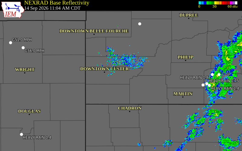 Current NEXRAD radar over Custer County, South Dakota with recent storm report locations
