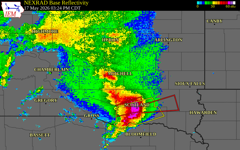 NEXRAD radar during the Sunday, May 17, 2026 storm activity in Davison County, South Dakota