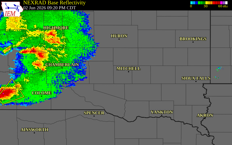 NEXRAD radar during the Tuesday, June 2, 2026 storm activity in Davison County, South Dakota