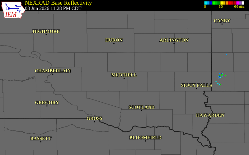 NEXRAD radar during the Monday, June 8, 2026 storm activity in Davison County, South Dakota