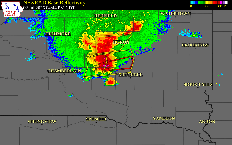NEXRAD radar during the Thursday, July 2, 2026 storm activity in Davison County, South Dakota