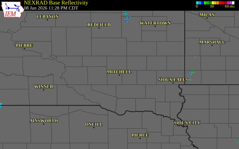 Radar snapshot during the Jun 8, 2026 wind event near 1 NNE Mitchell, Davison County, South Dakota, with NWS warning polygons