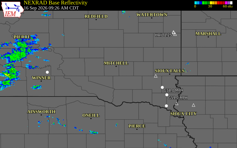 Current NEXRAD radar over Davison County, South Dakota with recent storm report locations