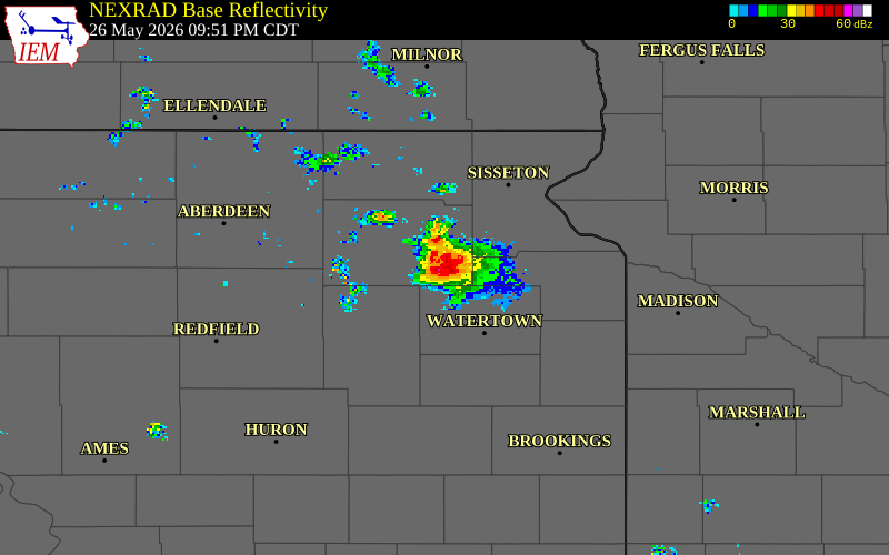 NEXRAD radar during the Tuesday, May 26, 2026 storm activity in Day County, South Dakota