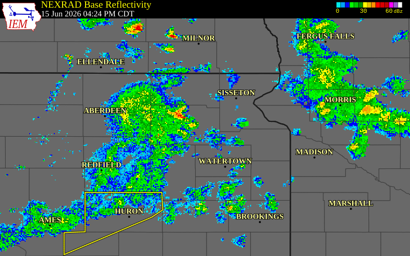 NEXRAD radar during the Monday, June 15, 2026 storm activity in Day County, South Dakota