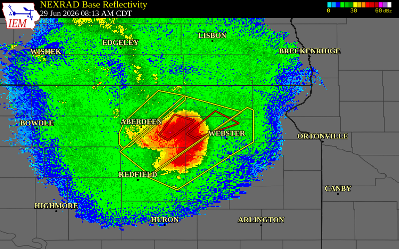 NEXRAD radar during the Monday, June 29, 2026 storm activity in Day County, South Dakota