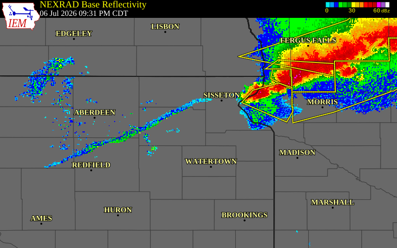 NEXRAD radar during the Monday, July 6, 2026 storm activity in Day County, South Dakota