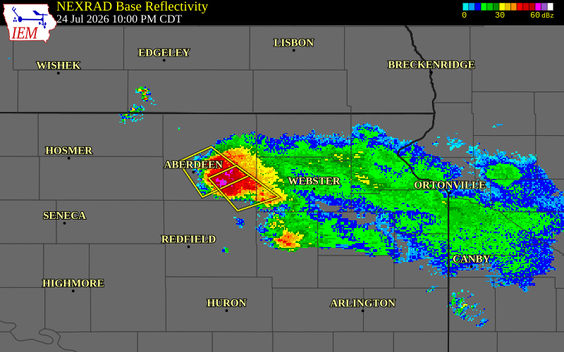 NEXRAD radar during the Friday, July 24, 2026 storm activity in Day County, South Dakota