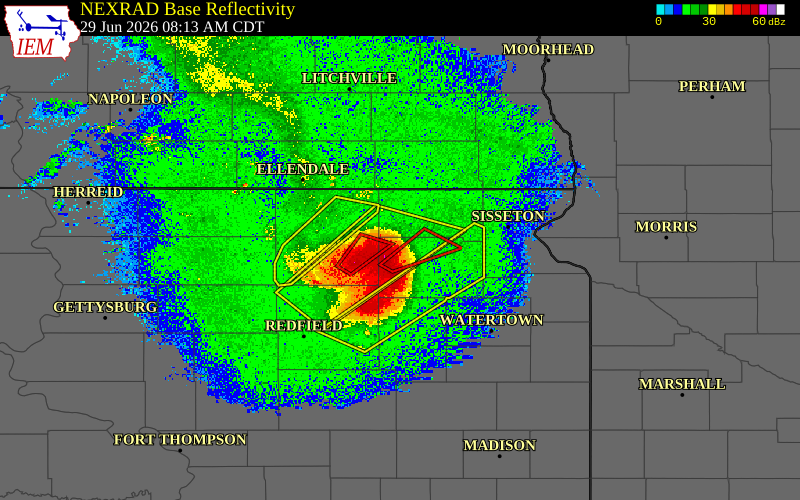 Radar snapshot during the Jun 29, 2026 tornado event near Pierpont, Day County, South Dakota, with NWS warning polygons
