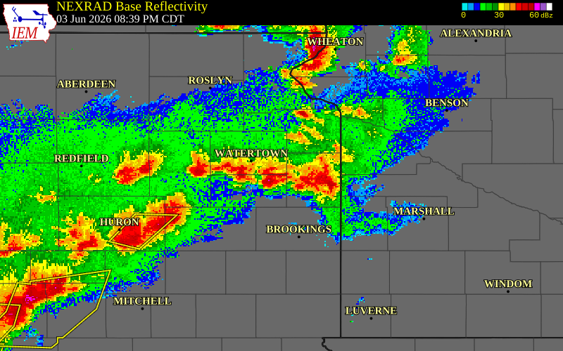 NEXRAD radar during the Wednesday, June 3, 2026 storm activity in Deuel County, South Dakota