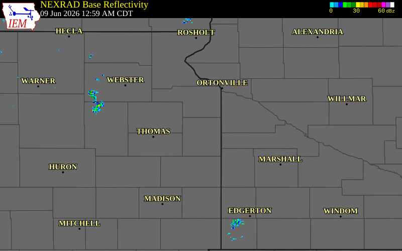 NEXRAD radar during the Tuesday, June 9, 2026 storm activity in Deuel County, South Dakota