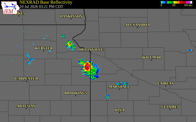 NEXRAD radar during the Friday, July 10, 2026 storm activity in Deuel County, South Dakota