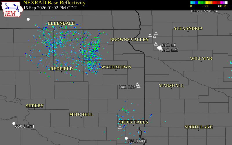 Current NEXRAD radar over Deuel County, South Dakota with recent storm report locations