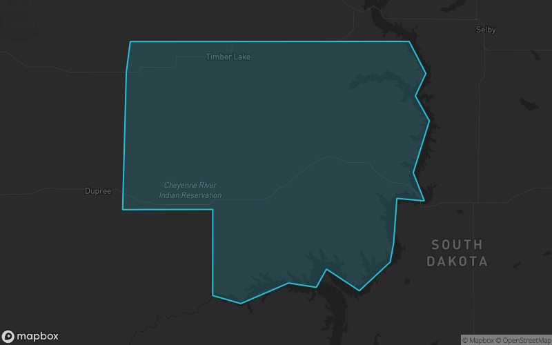 Map of Dewey County, South Dakota showing the county boundary and surrounding cities
