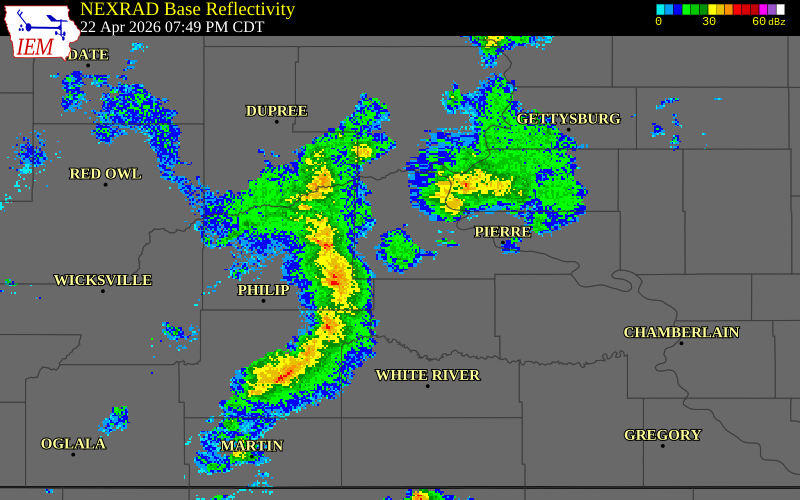 NEXRAD radar during the Wednesday, April 22, 2026 storm activity in Dewey County, South Dakota