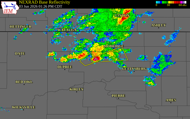 NEXRAD radar during the Wednesday, June 3, 2026 storm activity in Dewey County, South Dakota