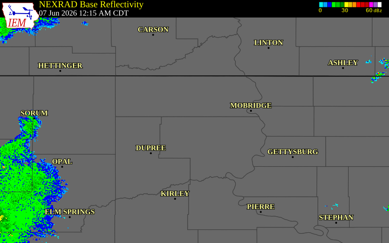 NEXRAD radar during the Sunday, June 7, 2026 storm activity in Dewey County, South Dakota