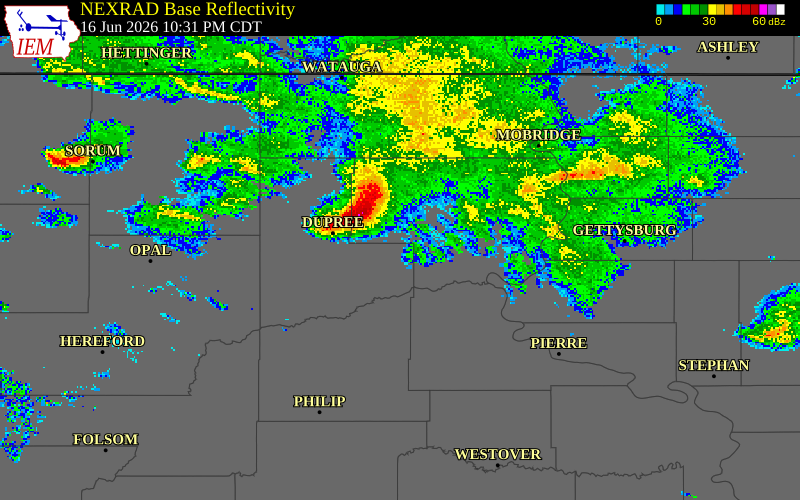 NEXRAD radar during the Tuesday, June 16, 2026 storm activity in Dewey County, South Dakota