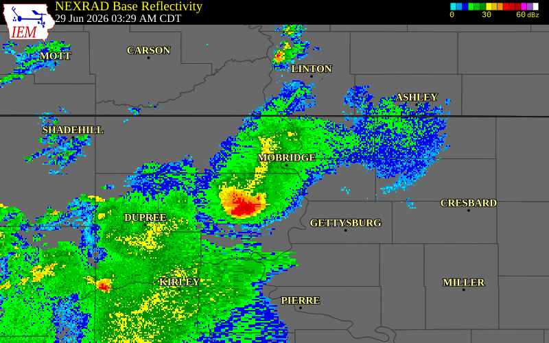 NEXRAD radar during the Monday, June 29, 2026 storm activity in Dewey County, South Dakota