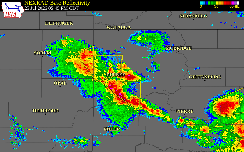 NEXRAD radar during the Saturday, July 25, 2026 storm activity in Dewey County, South Dakota