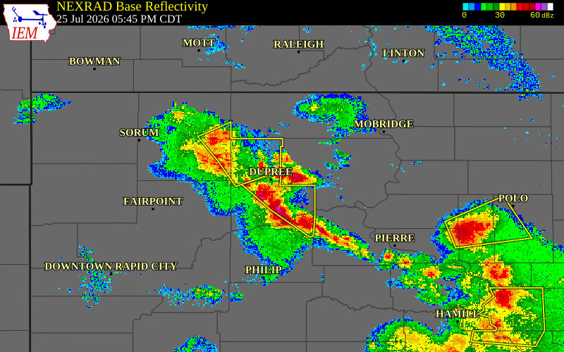 Radar snapshot during the Jul 25, 2026 wind event near 6 NNW Lantry, Dewey County, South Dakota, with NWS warning polygons