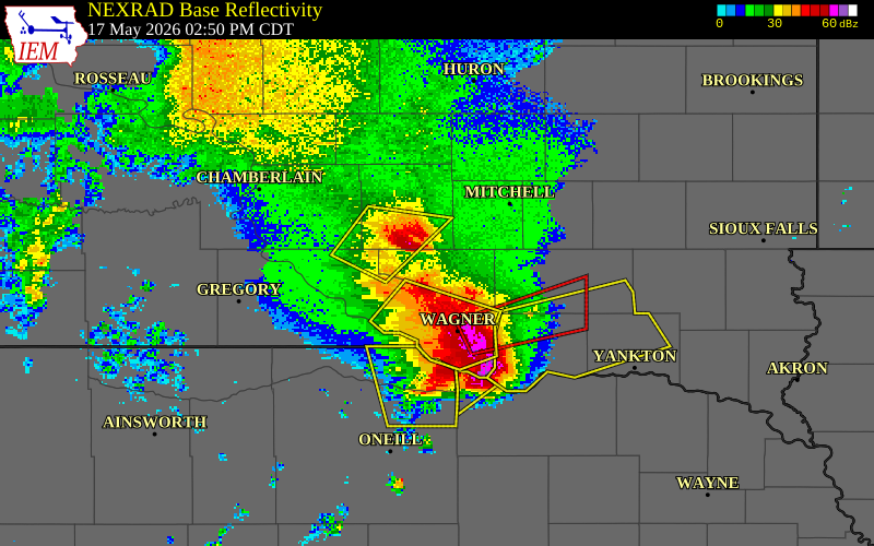 NEXRAD radar during the Sunday, May 17, 2026 storm activity in Douglas County, South Dakota
