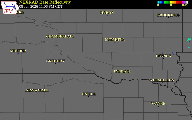 NEXRAD radar during the Monday, June 8, 2026 storm activity in Douglas County, South Dakota