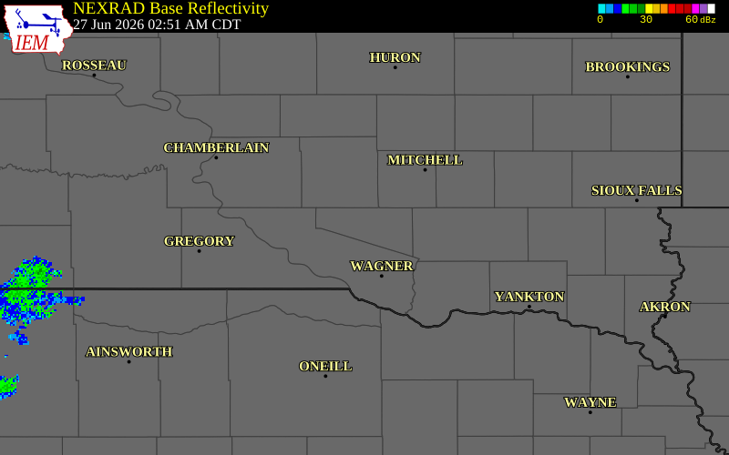 NEXRAD radar during the Saturday, June 27, 2026 storm activity in Douglas County, South Dakota