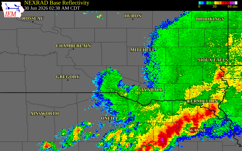 NEXRAD radar during the Tuesday, June 30, 2026 storm activity in Douglas County, South Dakota