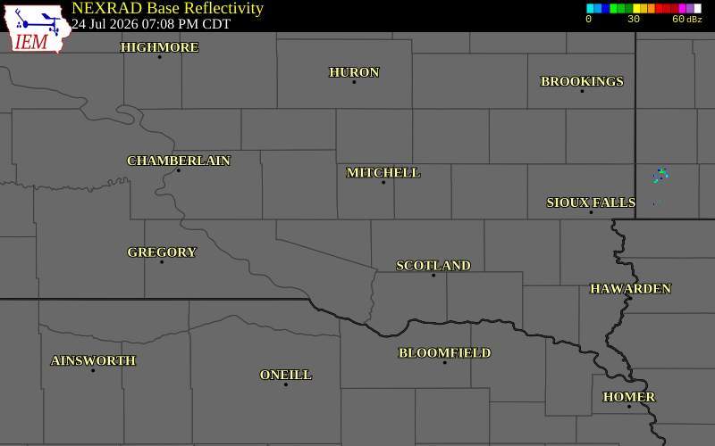 NEXRAD radar during the Friday, July 24, 2026 storm activity in Douglas County, South Dakota