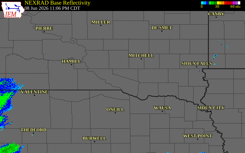 Radar snapshot during the Jul 24, 2026 wind event near 10 W Dimock, Douglas County, South Dakota, with NWS warning polygons